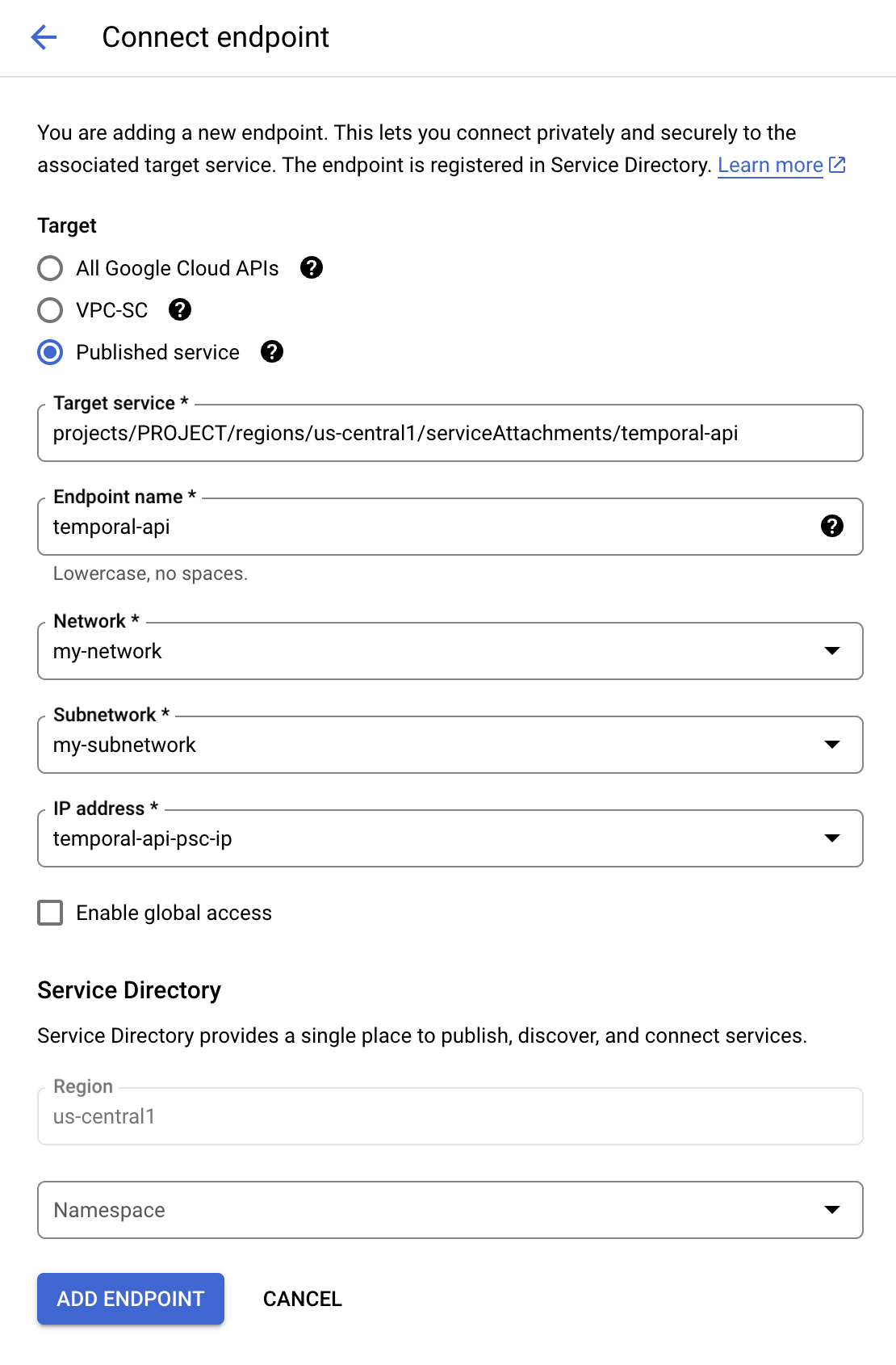 GCP console showing the endpoints, and the Connect endpoint button